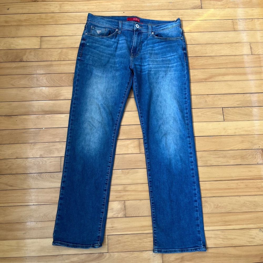 Guess Mens Lincoln Slim Straight Medium Wash Denim Jeans Blue 34x32 T1BJ21D3DZ0